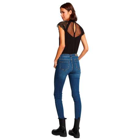 Top noir uni à buste transparent avec des manches en dentelle et un col rond - Image 4