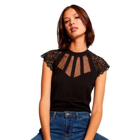 Top noir uni à buste transparent avec des manches en dentelle et un col rond - Image 5