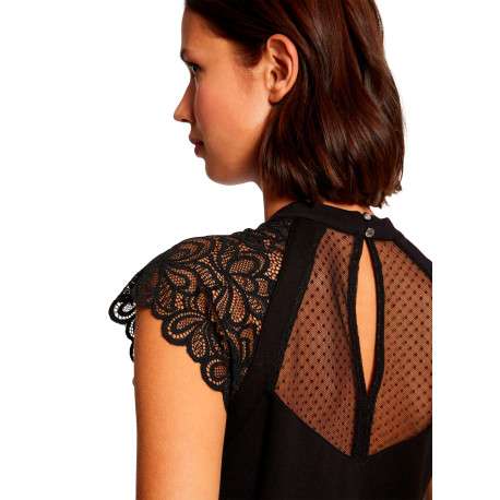 Top noir uni à buste transparent avec des manches en dentelle et un col rond - Image 6