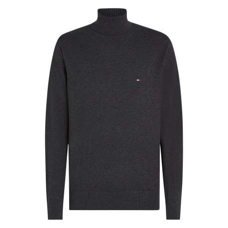 Pull col roulé en coton anthracite uni avec une coupe droite et un logo brodé