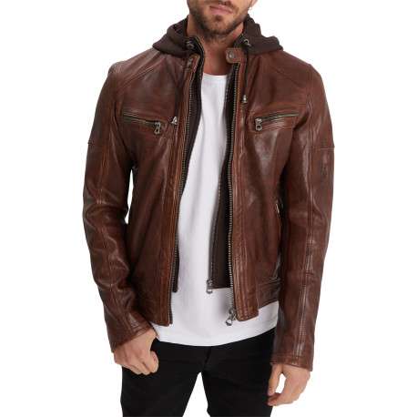Blouson camel en cuir avec une coupe droite, un col à capuche style motard