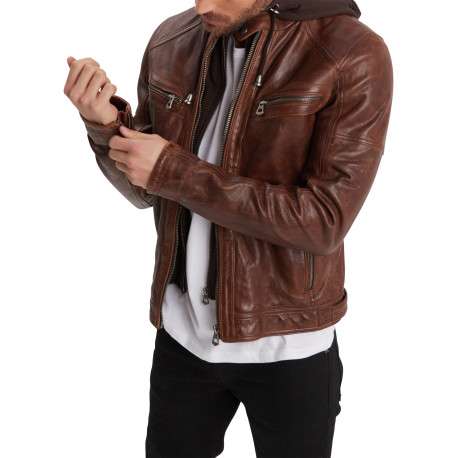 Blouson camel en cuir avec une coupe droite, un col à capuche style motard - Image 2