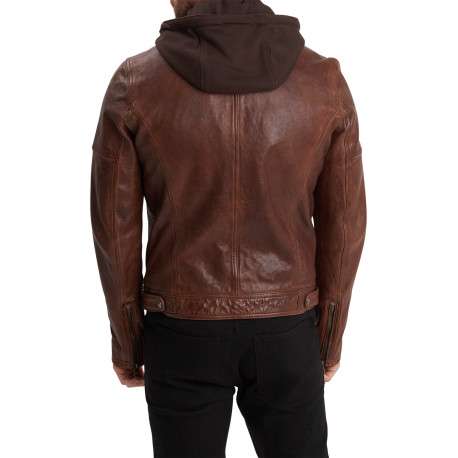 Blouson camel en cuir avec une coupe droite, un col à capuche style motard - Image 3