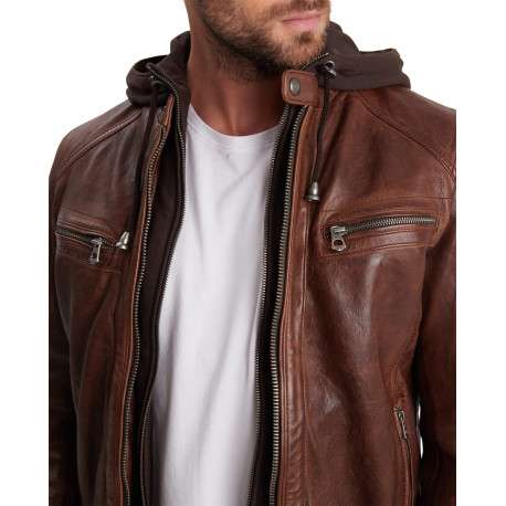 Blouson camel en cuir avec une coupe droite, un col à capuche style motard - Image 4