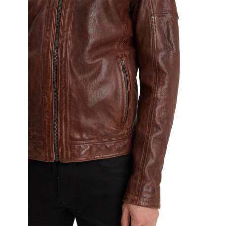 Blouson camel en cuir avec une coupe droite, un col à capuche style motard - Image 5