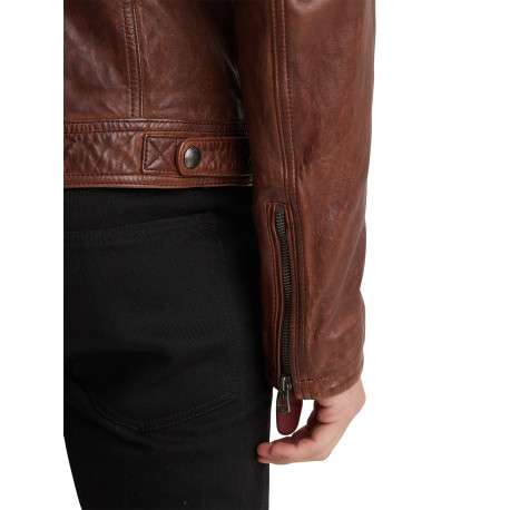 Blouson camel en cuir avec une coupe droite, un col à capuche style motard - Image 6