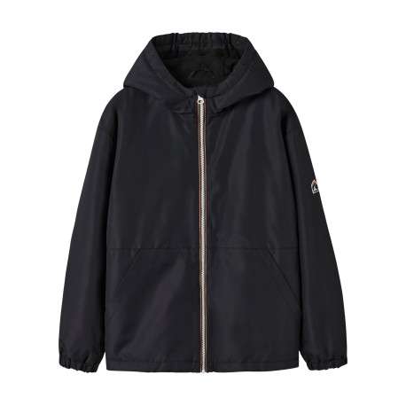 Blouson noir pourvu d'un col à capuche avec une fermeture zippée contrastée