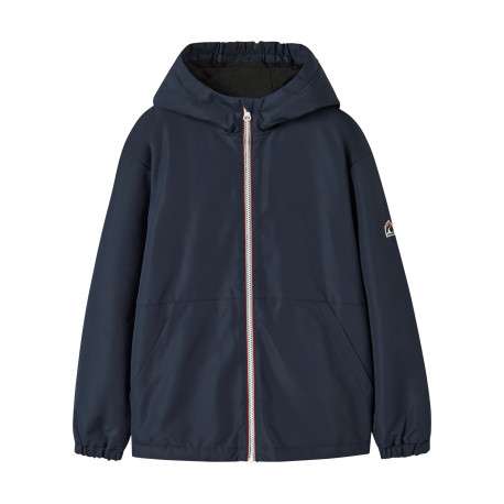 Blouson marine pourvu d'un col à capuche avec une fermeture zippée contrastée