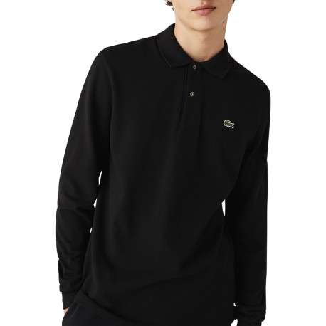 Polo en coton noir avec logo brodé à la poitrine coupe droite et manches longues