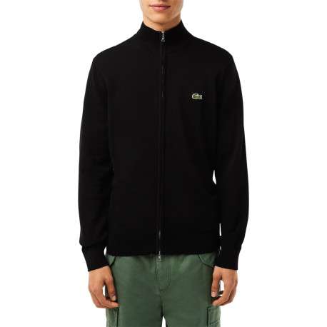 Cardigan zippé en coton noir uni avec une coupe droite et un col montant