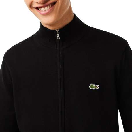 Cardigan zippé en coton noir uni avec une coupe droite et un col montant - Image 4