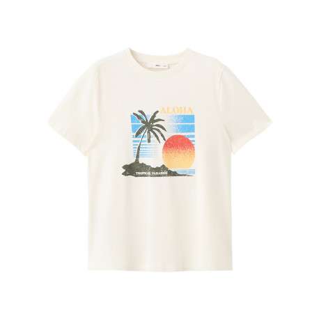 T-shirt en coton beige à imprimé avec une coupe droite et un col rond