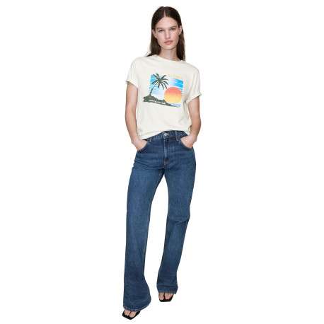 T-shirt en coton beige à imprimé avec une coupe droite et un col rond - Image 3