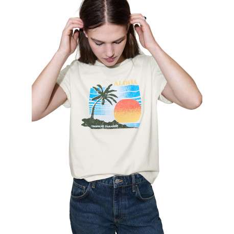 T-shirt en coton beige à imprimé avec une coupe droite et un col rond - Image 5