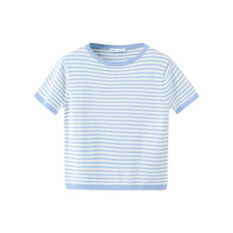 Pull bleu et blanc à rayures avec une coupe droite et un col rond