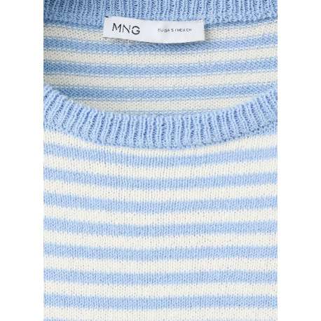 Pull bleu et blanc à rayures avec une coupe droite et un col rond - Image 2