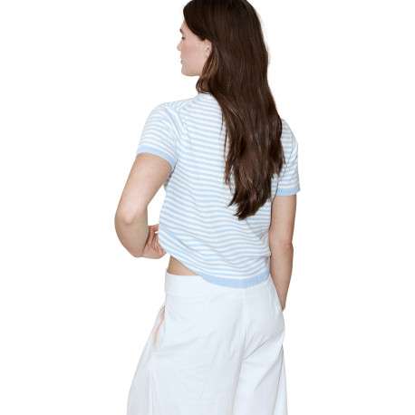 Pull bleu et blanc à rayures avec une coupe droite et un col rond - Image 4