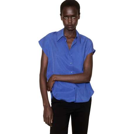 Chemisier bleu uni avec une coupe droite et un col à revers - Image 3
