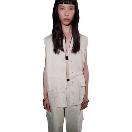 Blouson en coton beige uni avec une coupe droite et un col à revers - Image 3