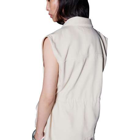 Blouson en coton beige uni avec une coupe droite et un col à revers - Image 4