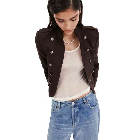 Blazer en lin chocolat uni avec une coupe droite et un col montant - Image 2