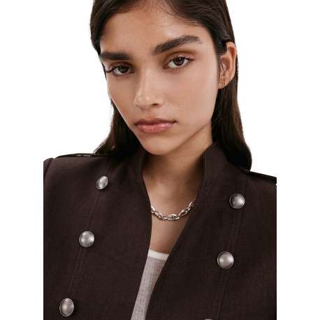 Blazer en lin chocolat uni avec une coupe droite et un col montant - Image 4