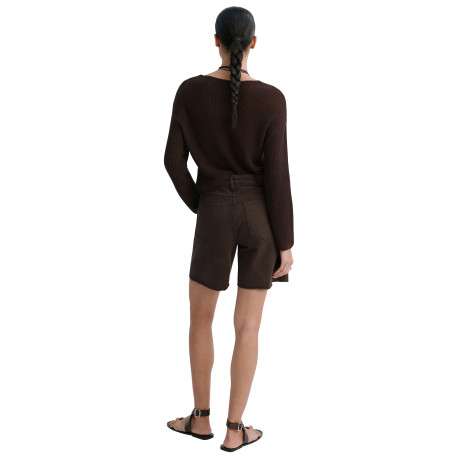 Short 5 poches en coton chocolat uni à coupe droite muni d'un zip et d'un bouton - Image 4