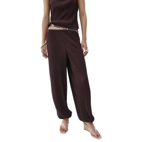 Pantalon chino chocolat uni avec une coupe ample et une taille élastiquée - Image 3