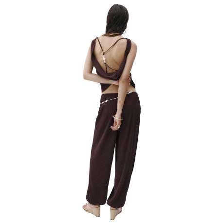 Pantalon chino chocolat uni avec une coupe ample et une taille élastiquée - Image 4