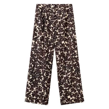 Pantalon chino beige motif floral à coupe large muni d'un zip et d'une agrafe