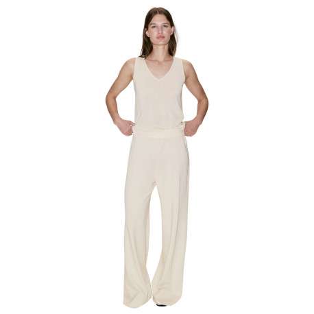Pantalon beige uni avec une coupe large et une taille élastiquée - Image 3