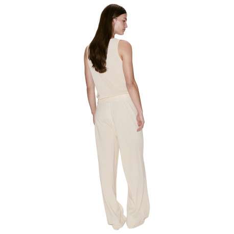 Pantalon beige uni avec une coupe large et une taille élastiquée - Image 4