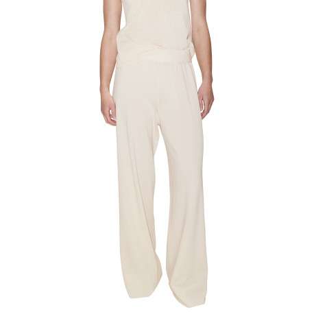 Pantalon beige uni avec une coupe large et une taille élastiquée - Image 5