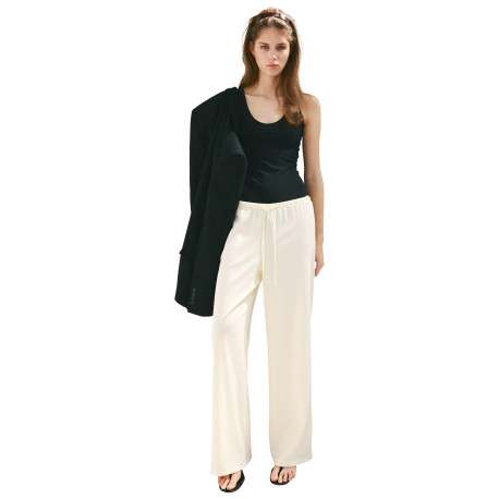 Pantalon écru uni avec une coupe droite et une taille élastiquée - Image 3