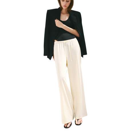 Pantalon écru uni avec une coupe droite et une taille élastiquée - Image 5