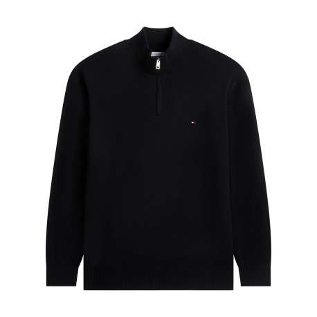 Pull en coton biologique noir uni avec un col camionneur zippé argenté