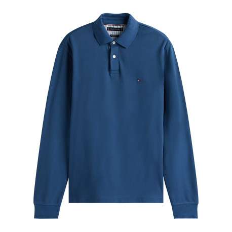 Polo en coton biologique bleu à coupe droite pourvu d'un col boutonné