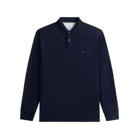 Polo en coton biologique marine uni avec un col boutonné et des manches longues