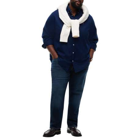 Chemise bleu marine unie en coton avec un col boutonné et des manches longues - Image 4