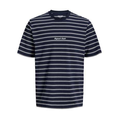 T-shirt en coton biologique marine à rayures pourvu d'une coupe droite