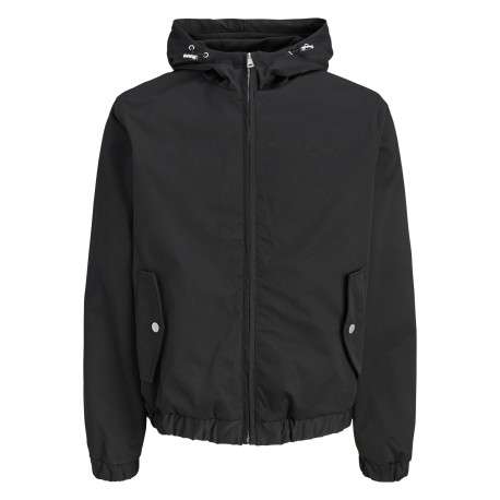 Blouson noir à coupe droite pourvu d'un col à capuche et de manches longues