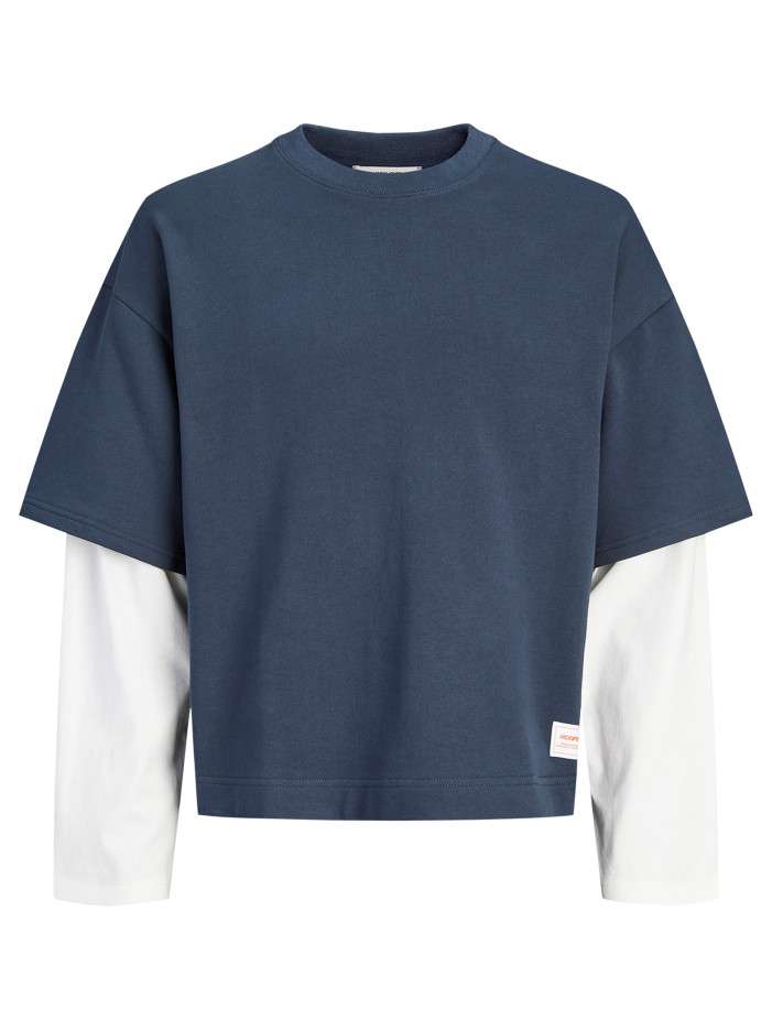 T-shirt en coton bleu et blanc à coupe ajustée pourvu d'un col rond