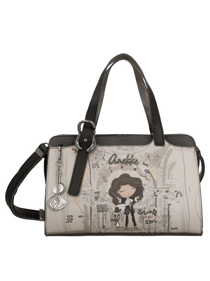 Sac à main porté épaule gris et noir à illustrations musicales