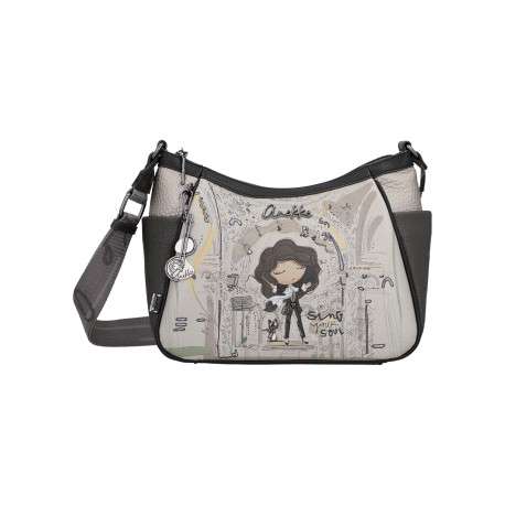 Sac à bandoulière gris et noir à imprimé musicales doté d'un design incurvée