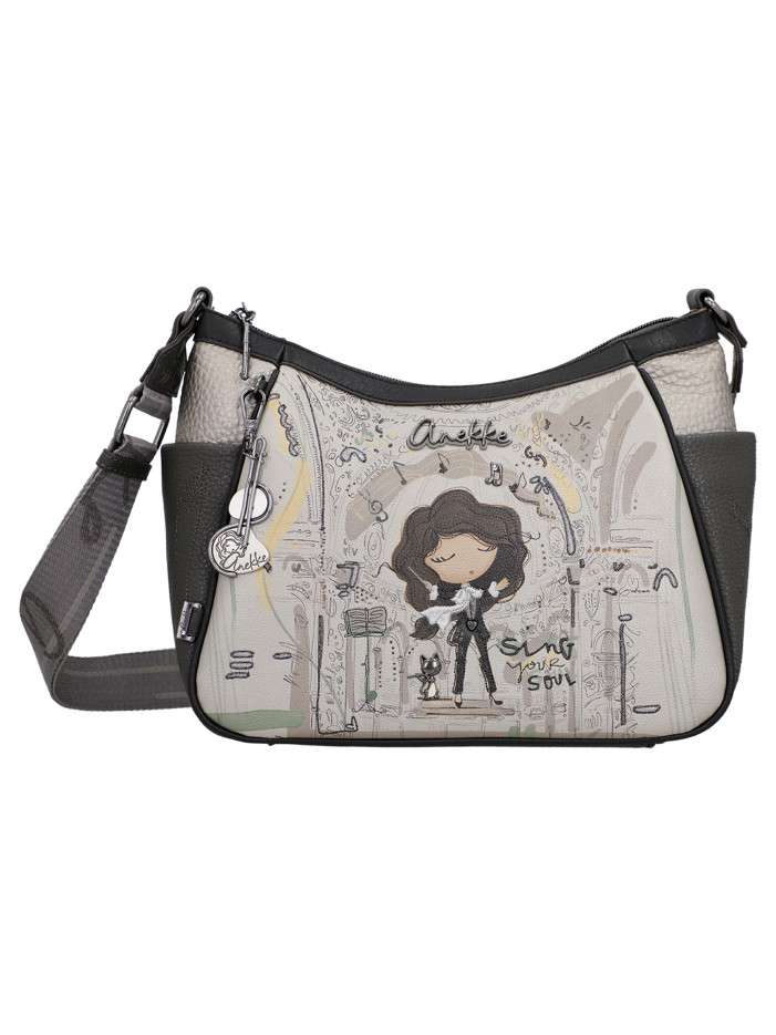 Sac à bandoulière gris et noir à imprimé musicales doté d'un design incurvée