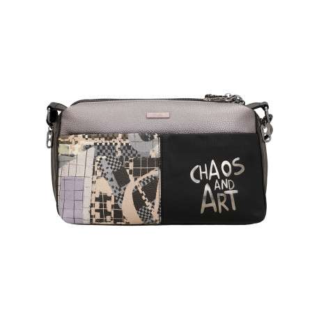 Sac à bandoulière gris et noir à broderies et triple compartiment - Image 2