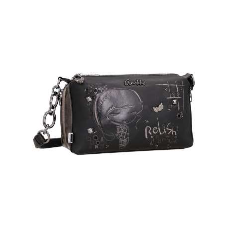 Sac à bandoulière gris et noir à broderies et triple compartiment - Image 3