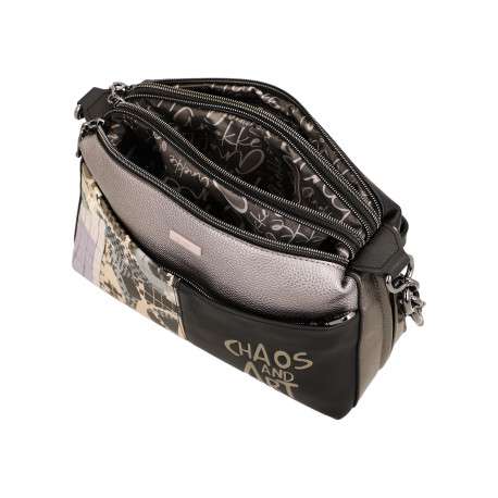 Sac à bandoulière gris et noir à broderies et triple compartiment - Image 4