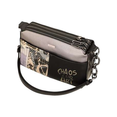 Sac à bandoulière gris et noir à broderies et triple compartiment - Image 5