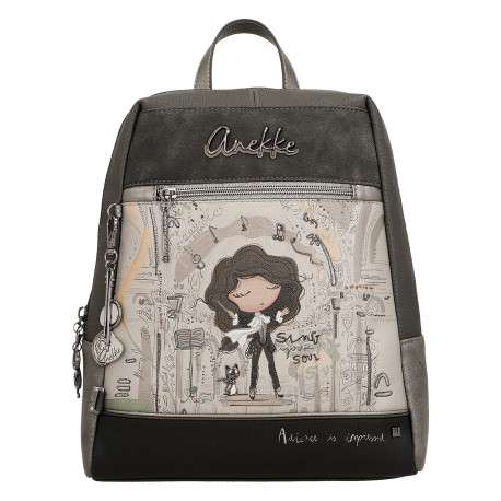 Sac à dos gris à illustrations musicales et poupée avec un design trapèze